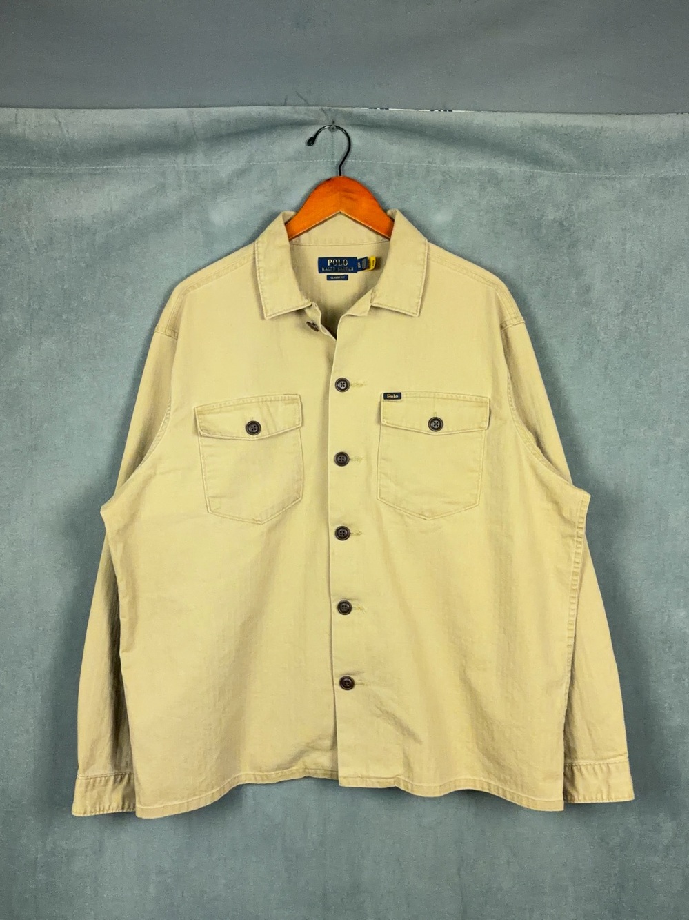 Polo Ralph Lauren Herringbone Shirt Mens Size XL Classic Fit Beige Tan Military